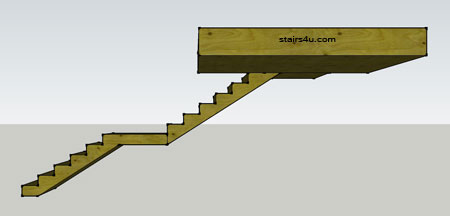right side view of straight stairs split by a platform in the middle and platform at top