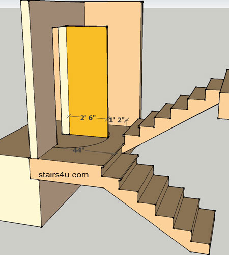 door swinging into middle of stair landing that doesnt meet building code