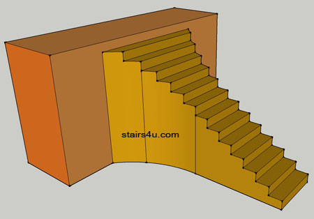 7 straight steps up to curved or flared upper section of stairs