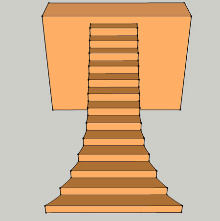 front view illustration of straight staircase with lower section curved on both sides