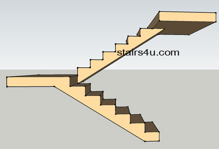illustration of left side view elevation of open u shaped stairway without any wall supporting 