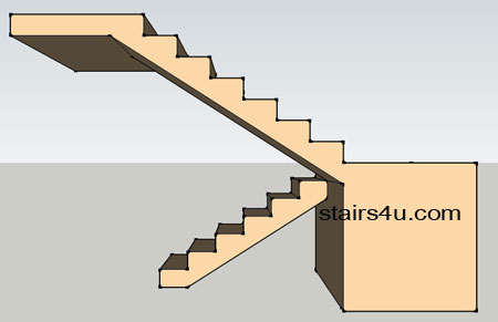 right side view elevation of open ushaped stairs with supporting landing walls