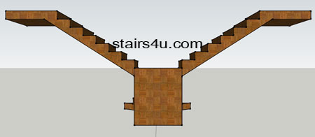 back view elevation of stairs with one landing, one curved and two straight stairs