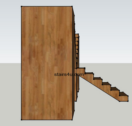 left side elevation view of y shaped stairs with supporting walls under landings