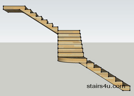 left side elevation of two curved landings and z shaped stair design