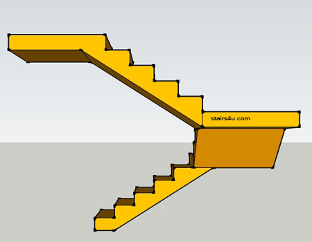 right elevation view of u design staircase with double middle landings